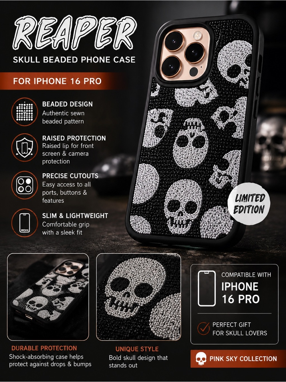 Reaper Skull Beaded Phone Case for iPhone 16 Pro — Black & Silver